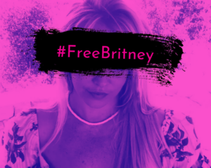 Edited pink picture of Britney Spears, black paint smear censor bar over eyes with the hash tag FREE BRITNEY over it. 