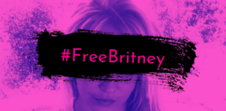 Edited pink picture of Britney Spears, black paint smear censor bar over eyes with the hash tag FREE BRITNEY over it.